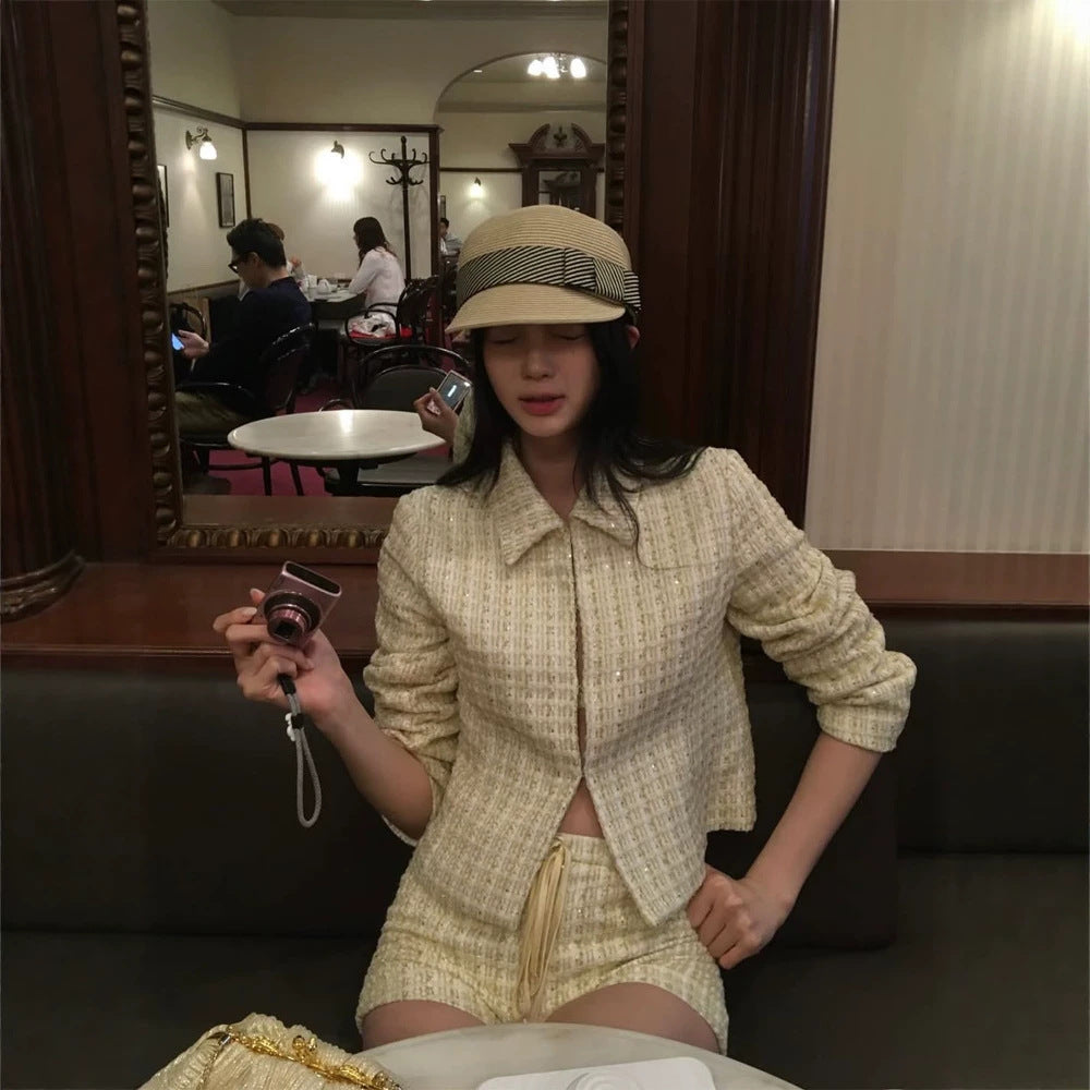 Women Two-Piece Boucle Set with Short Jacket and Drawstring Shorts Amarae