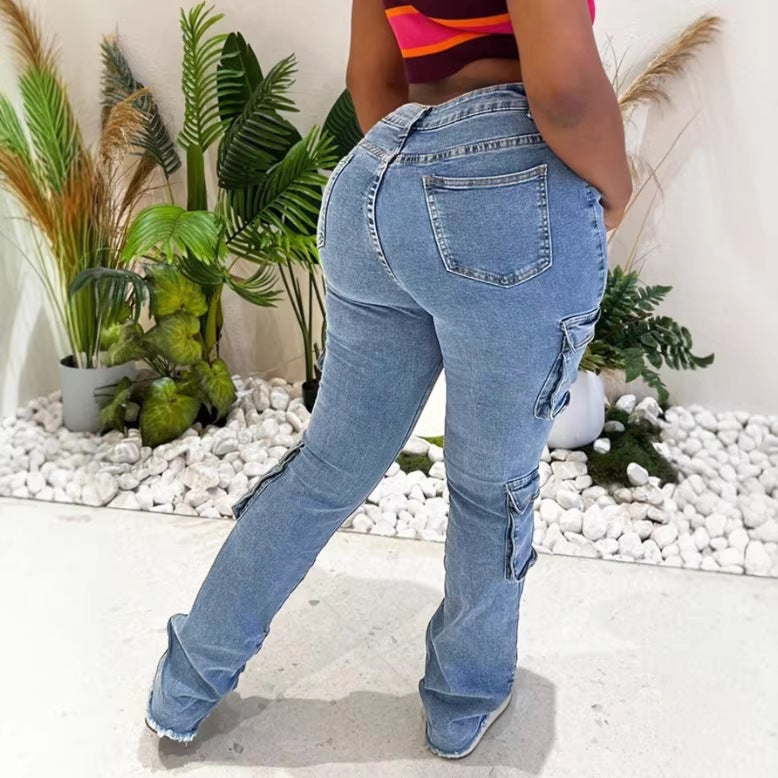 Ladies Cargo Denim Jeans with High Waist, Slim Fit Hips and Patch Utility Pockets Amarae