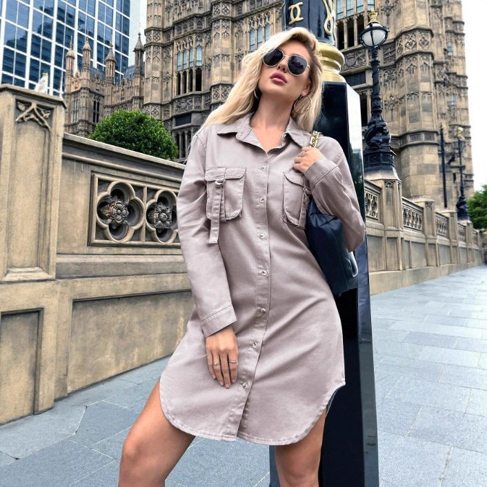 Women Oversized Shirt Dress with Flap Pockets and Curved Hem Amarae