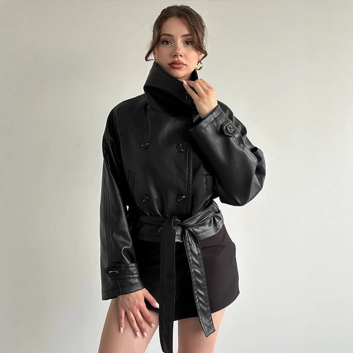 Women Tailored Short Blouson Jacket made of Imitation Leather with High Stand-up Collar and Ties Belt Amarae