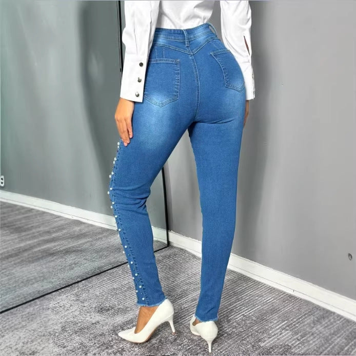 Women's shaping high-waisted skinny jeans with side pearl embellishment Amarae
