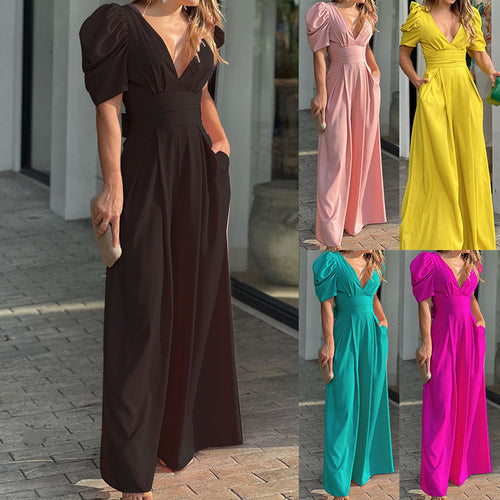 Ladies Elegant Puff Sleeve V Neck Chic and Stylish Jumpsuit