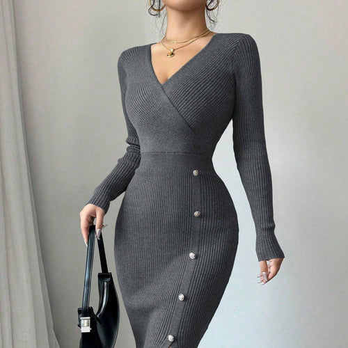 Women's knitted dress with wrap design and elegant button details Amarae