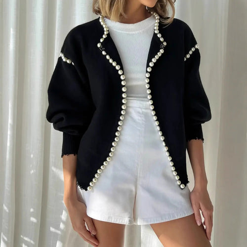 Women's knit jacket with striking bead embellishments and an open design Amarae
