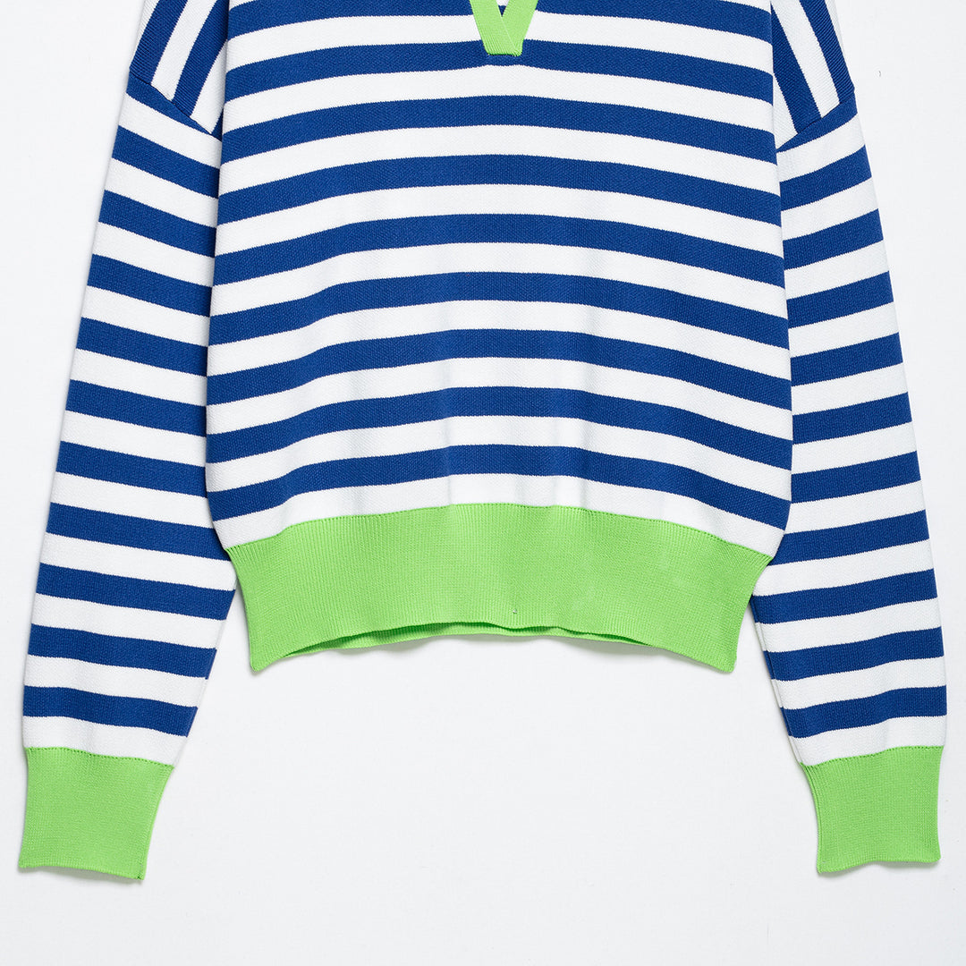 Women's Striped Polo Sweater with V-Neck, Loose Body and Contrasting Cuffs Amarae