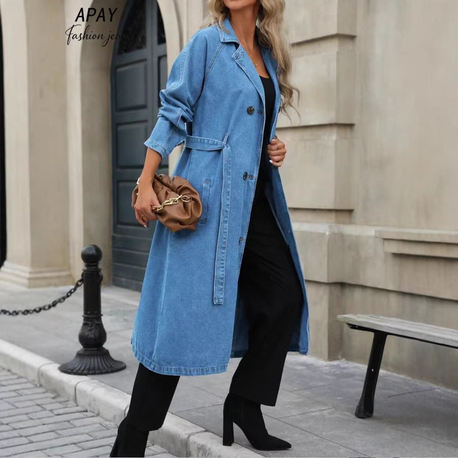 Women Long Denim Trench Coat with Tie Belt and Raglan Sleeves Amarae