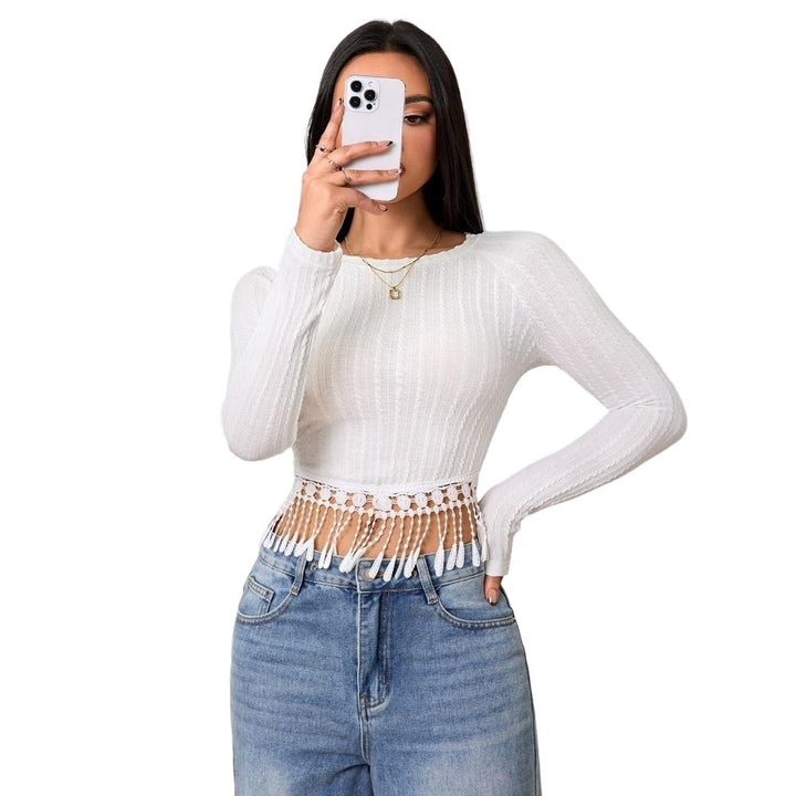 Chemise à manches longues écourtée pour femmes avec des détails de franges spéciaux Chic & Stil