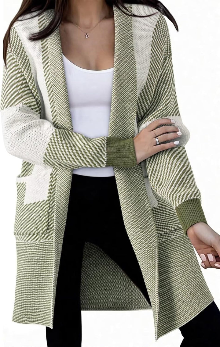 Ladies long knit cardigan with textured pattern and patch pockets Lune London