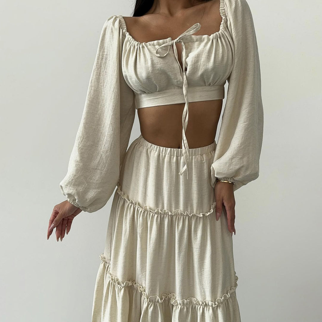 Lune London women's summer crop-top and skirt set with ruffle details