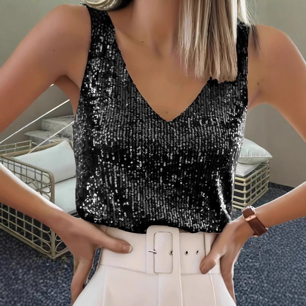 Ladies Sequins-V neck sleeveless top Lune London