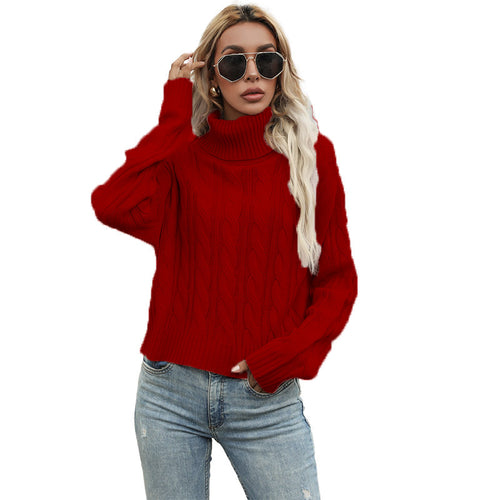 Thick knitted sweater for women with high collar and structured twisted pattern Amarael