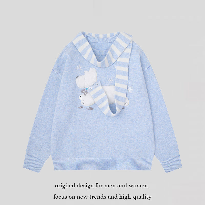 Women's Cozy Knit Sweater with Polar Bear Applique and Integrated Striped Scarf Amarae