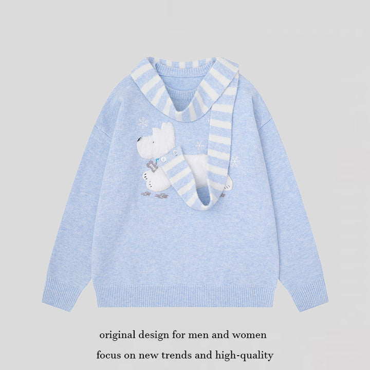 Women's Cozy Knit Sweater with Polar Bear Applique and Integrated Striped Scarf Amarae