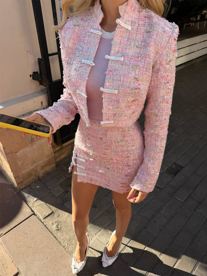 Women Tweed Two-Piece Short Jacket and Mini Skirt in Boucle Style Amarae