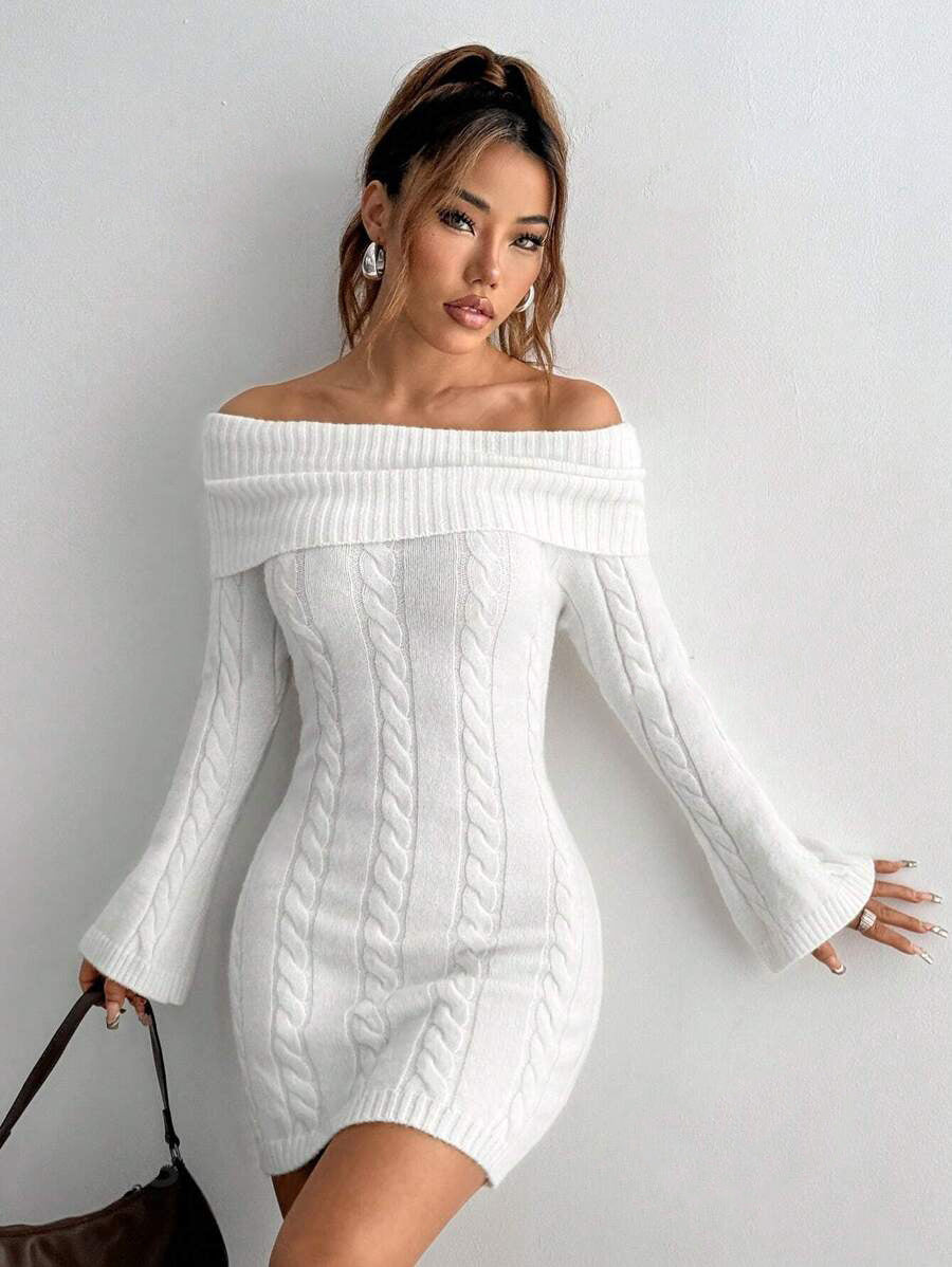 Women's Fitted Knitted Dress with Wide Neckline Lune London