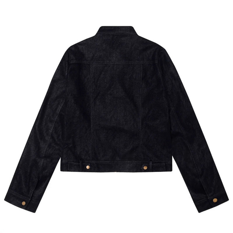 Women Short Cut Faux Leather Jacket in Vintage Moto Style Amarae