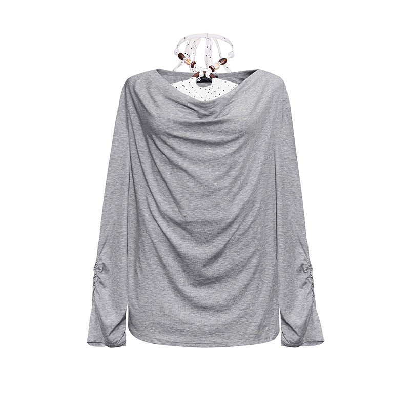 Women Long Draped Long Sleeve Shirt with Waterfall Collar and Gathered Sleeves Amarae