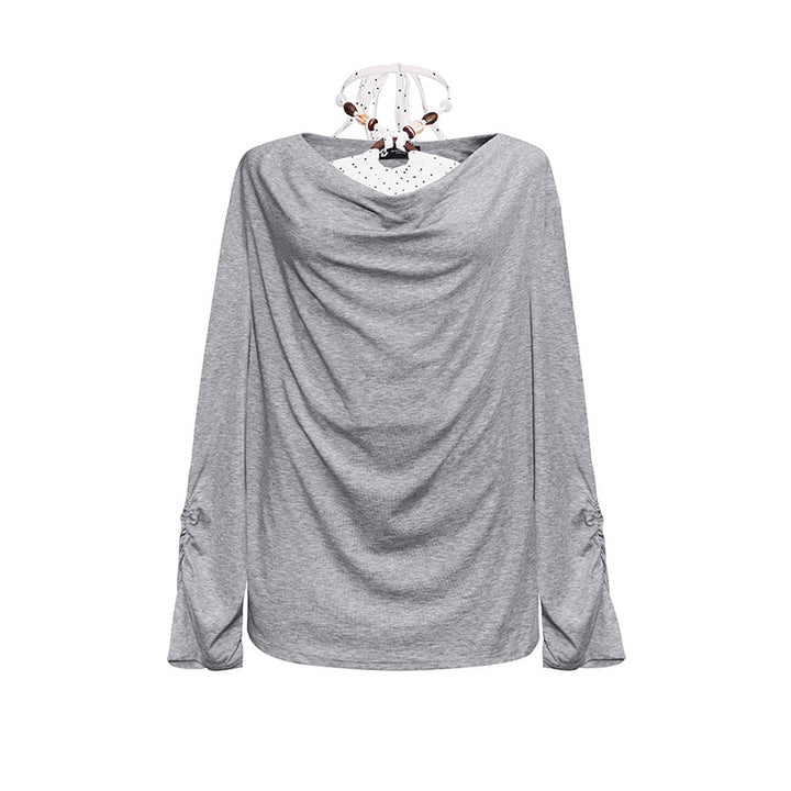 Women Long Draped Long Sleeve Shirt with Waterfall Collar and Gathered Sleeves Amarae