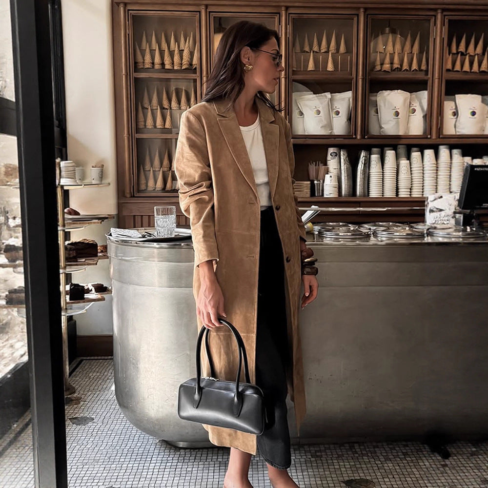 Women's Long Coat in Suede Look with Narrow Lapels and Clean Cut Amarae