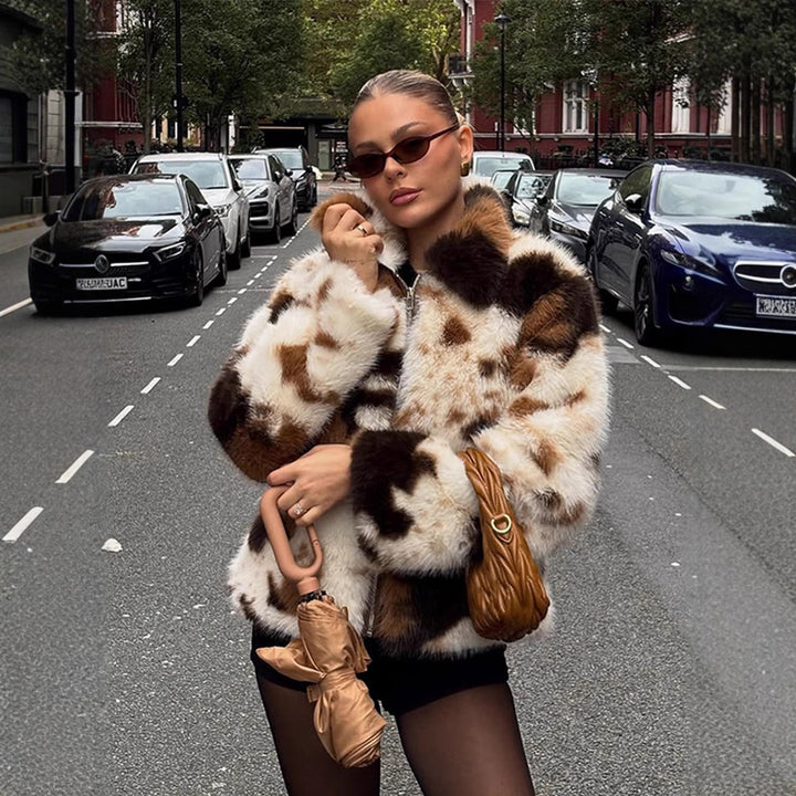 Women's Short Patchwork Faux Fur Blouson with Stand Collar and Concealed Zipper Amarae