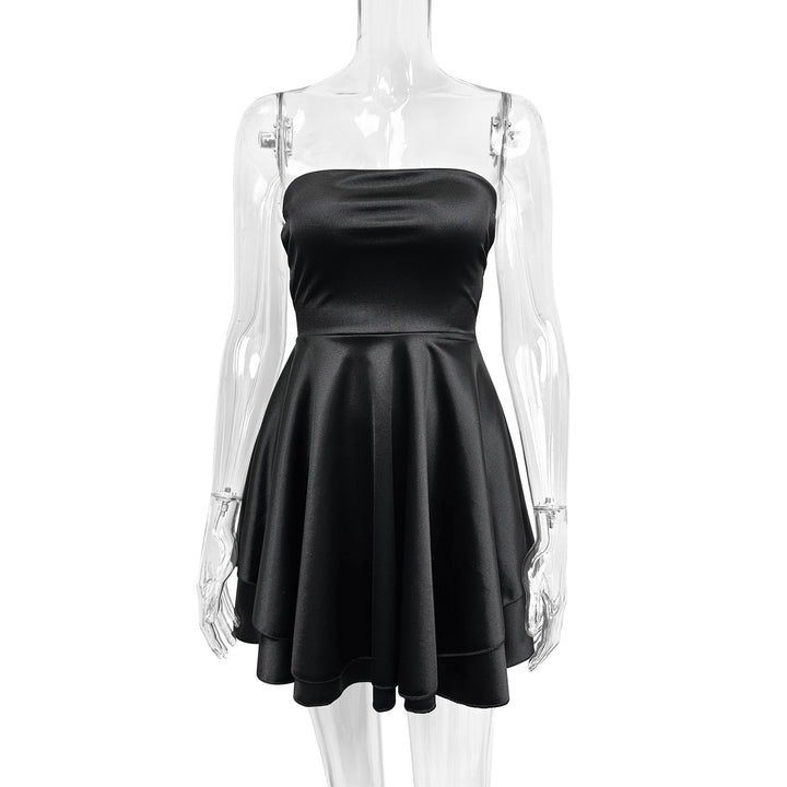 Women's Strapless Satin Mini Dress with Flowing Skirt Lune London