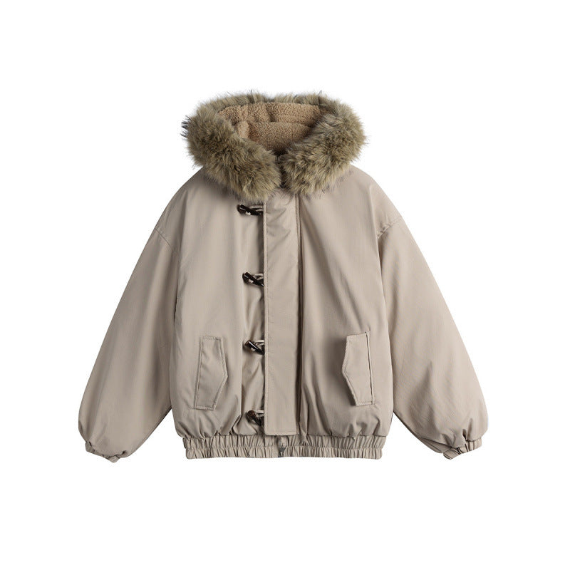 Unisex Padded Hooded Jacket in Boxy Cut with Teddy Lining, Faux Fur Collar and Toggle Closures Amarae