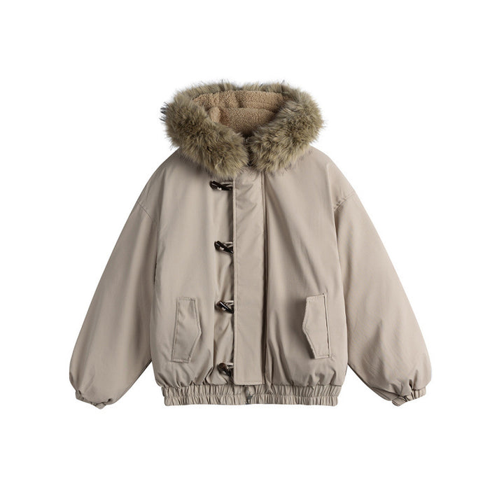 Unisex Padded Hooded Jacket in Boxy Cut with Teddy Lining, Faux Fur Collar and Toggle Closures Amarae