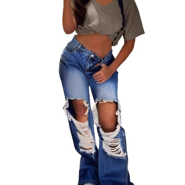 Women's extra-wide destroyed denim jeans with large knee cutouts and high waist Amarae