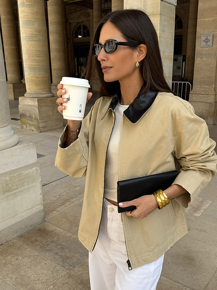 Women's Boxy Transitional Jacket with Contrasting Collar and Concealed Zipper Amarae