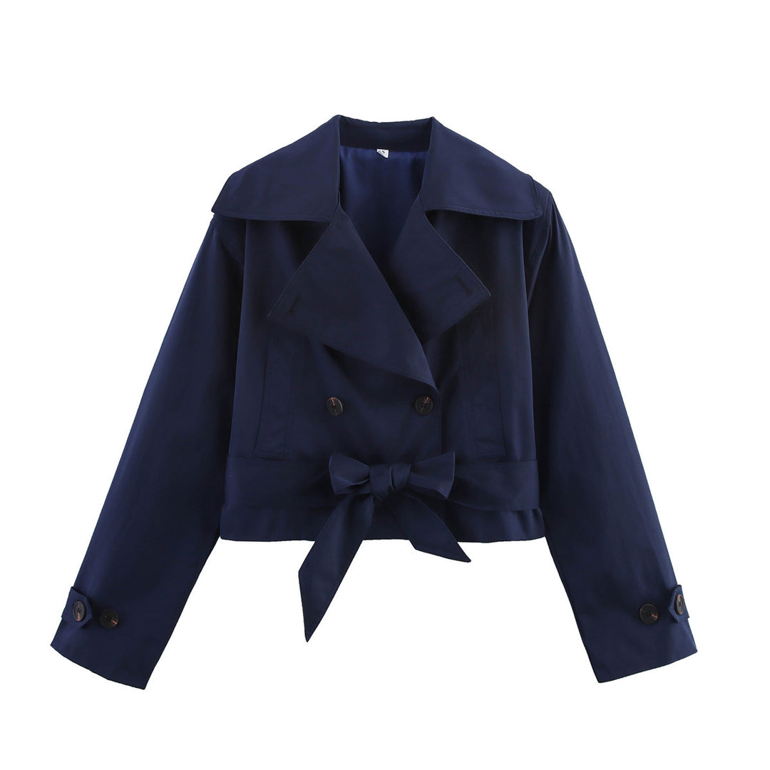 Women Short Cropped Trench Coat with Wide Shawl Collar, Waist Belt to Tie and Decorative Cuffs Amarae