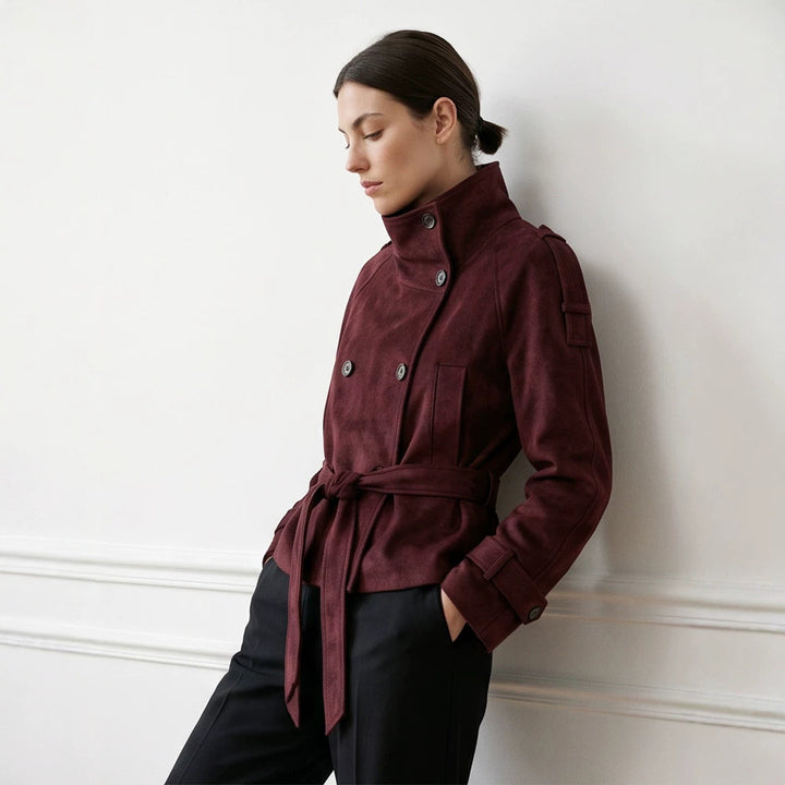 Women's Tailored Short Jacket in Suede Look with Double Breasted and Stand-Up Collar Amarae