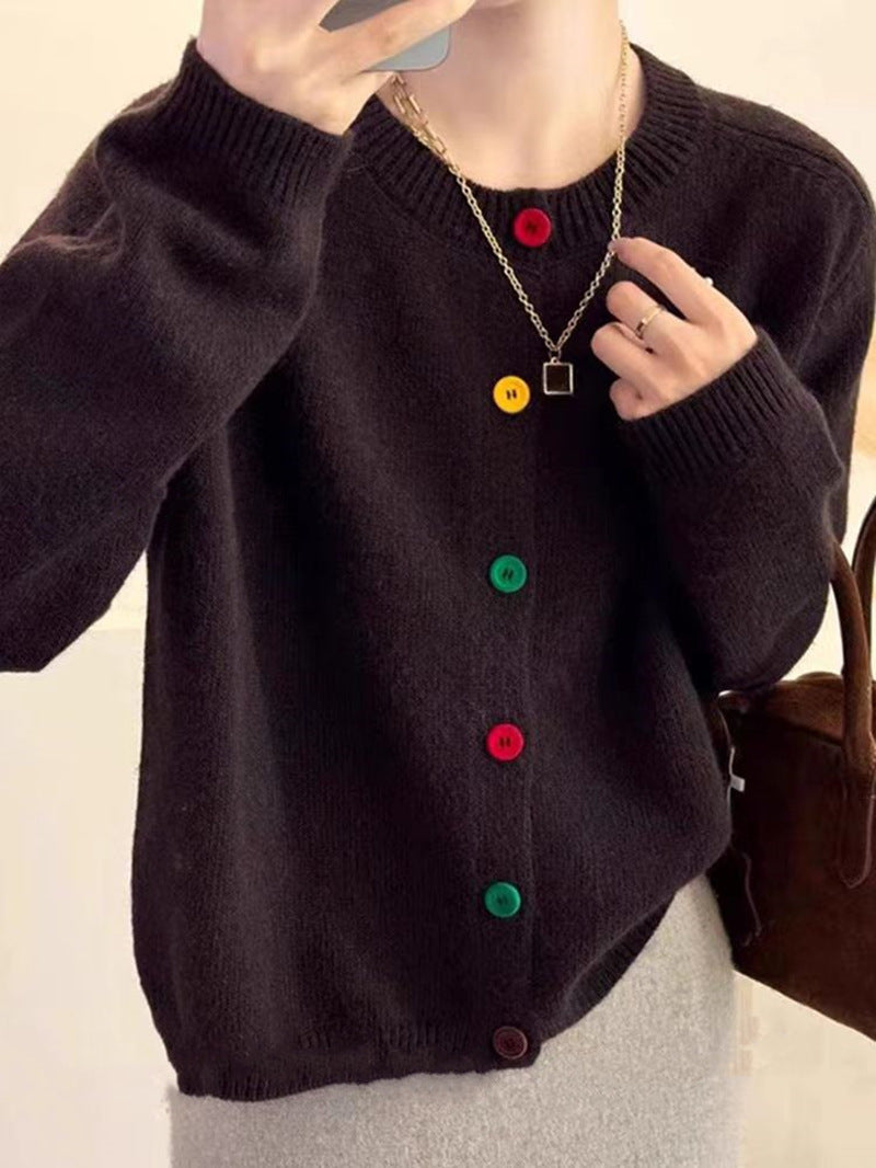 Ladies playful knitted vest with colorful button details Lune London