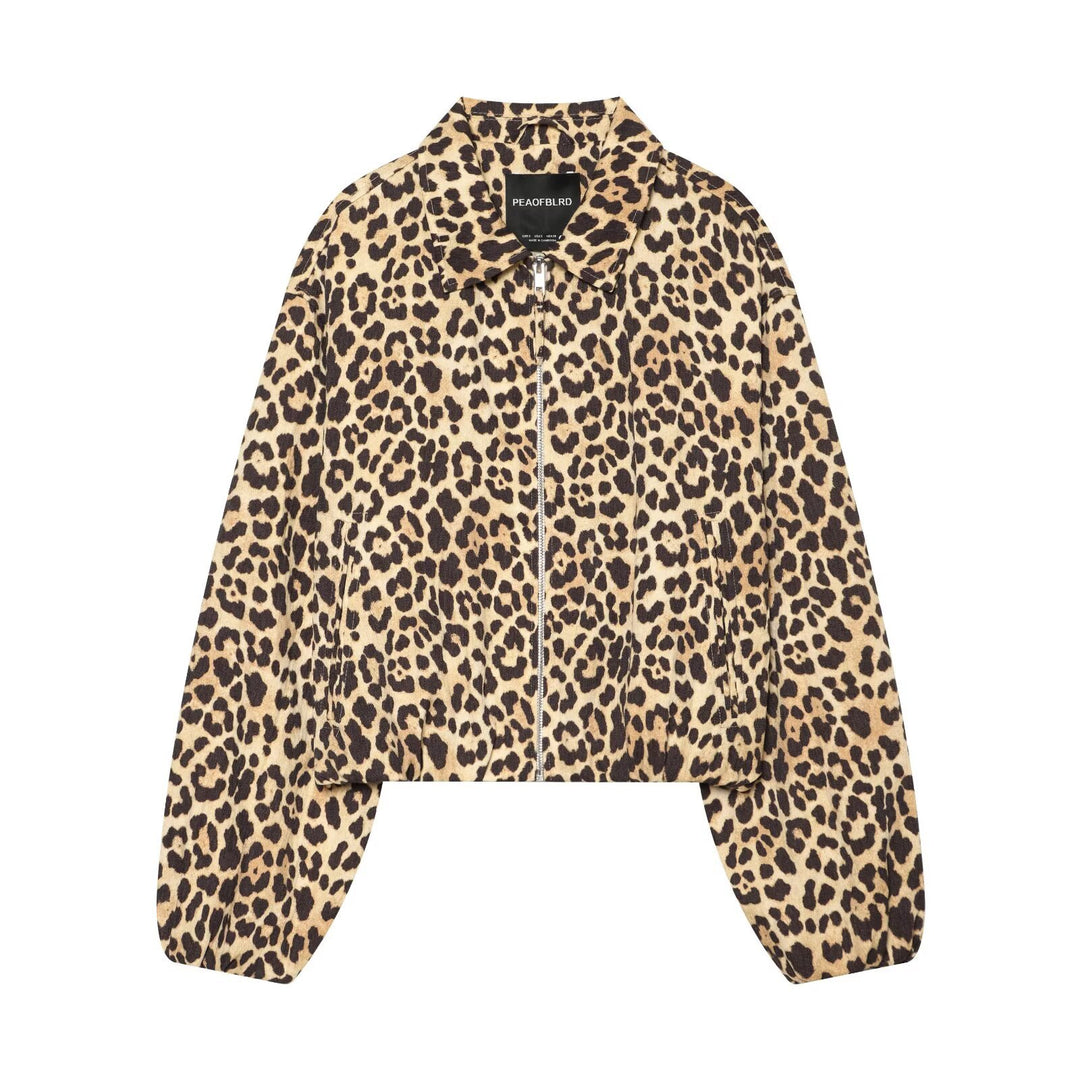 Women's Cropped Bomber Jacket in Oversized Cut with Full Length Zipper and Leopard Print Amarae