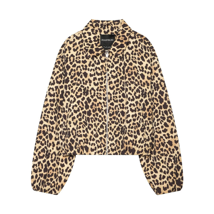 Women's Cropped Bomber Jacket in Oversized Cut with Full Length Zipper and Leopard Print Amarae