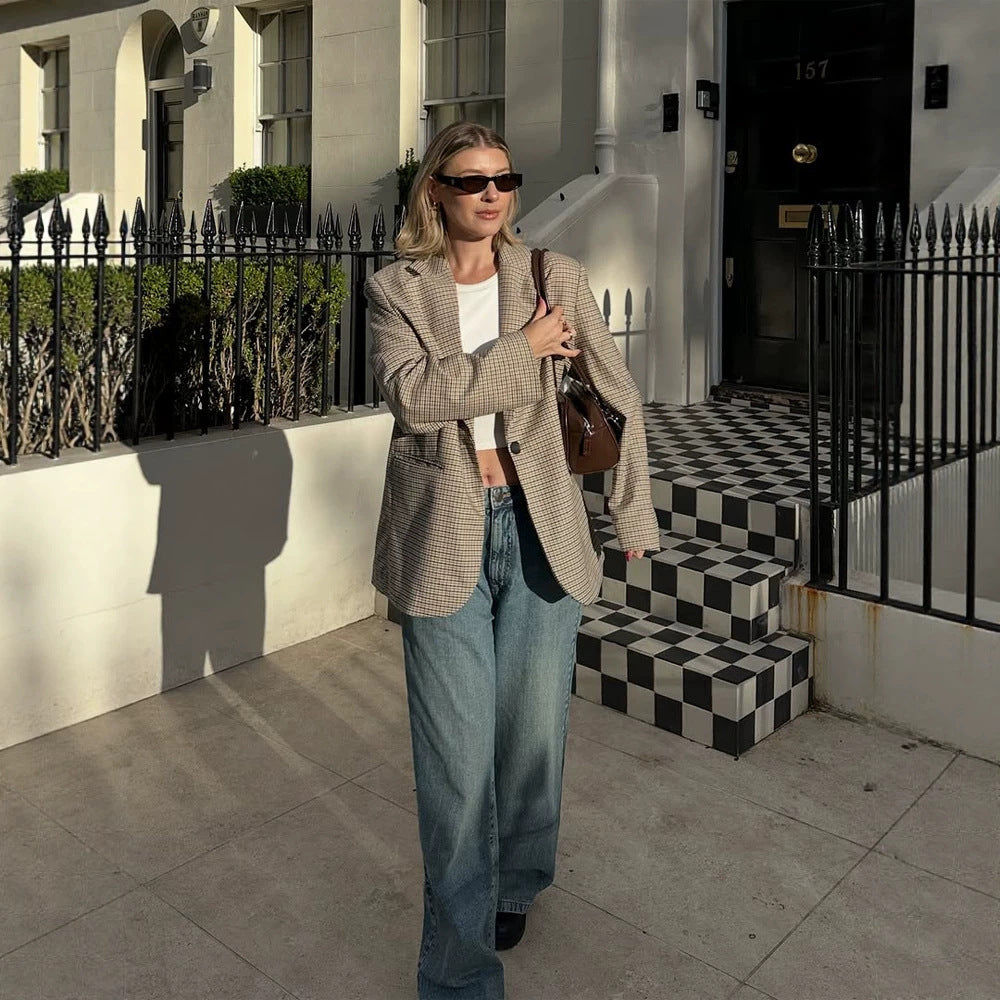 Women Oversize Glencheck Blazer with boxy silhouette and patch pockets Amarae