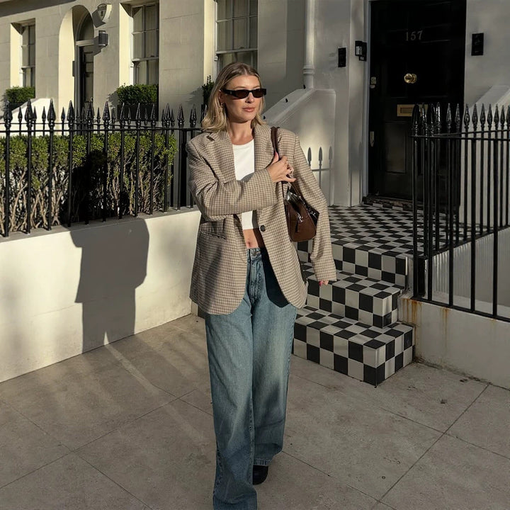 Women Oversize Glencheck Blazer with boxy silhouette and patch pockets Amarae