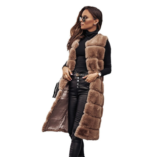 Ladies Long Elegant Chic Style Synthetic Fur Coat