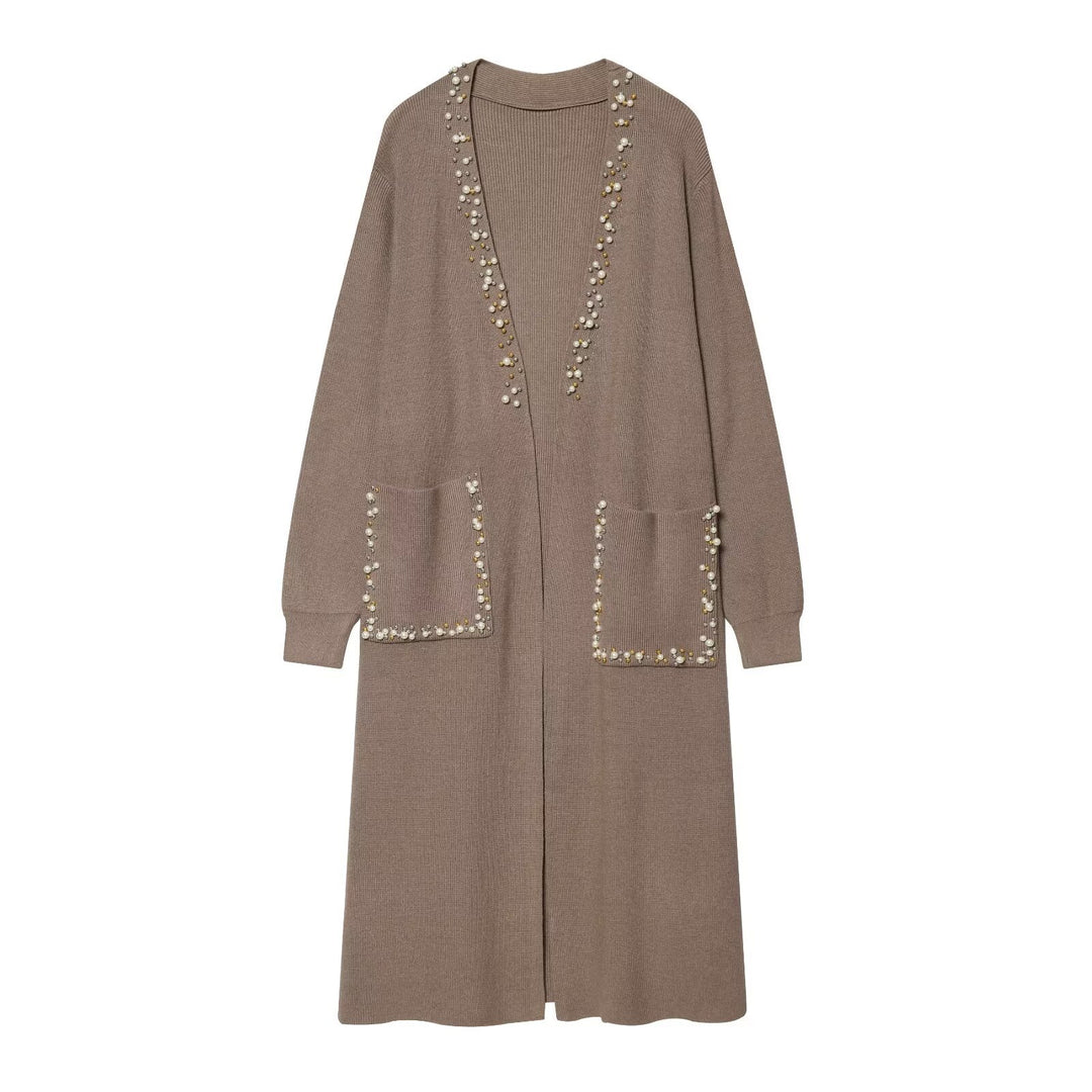 Ladies long knitted cardigan with pearl detailing Amarae