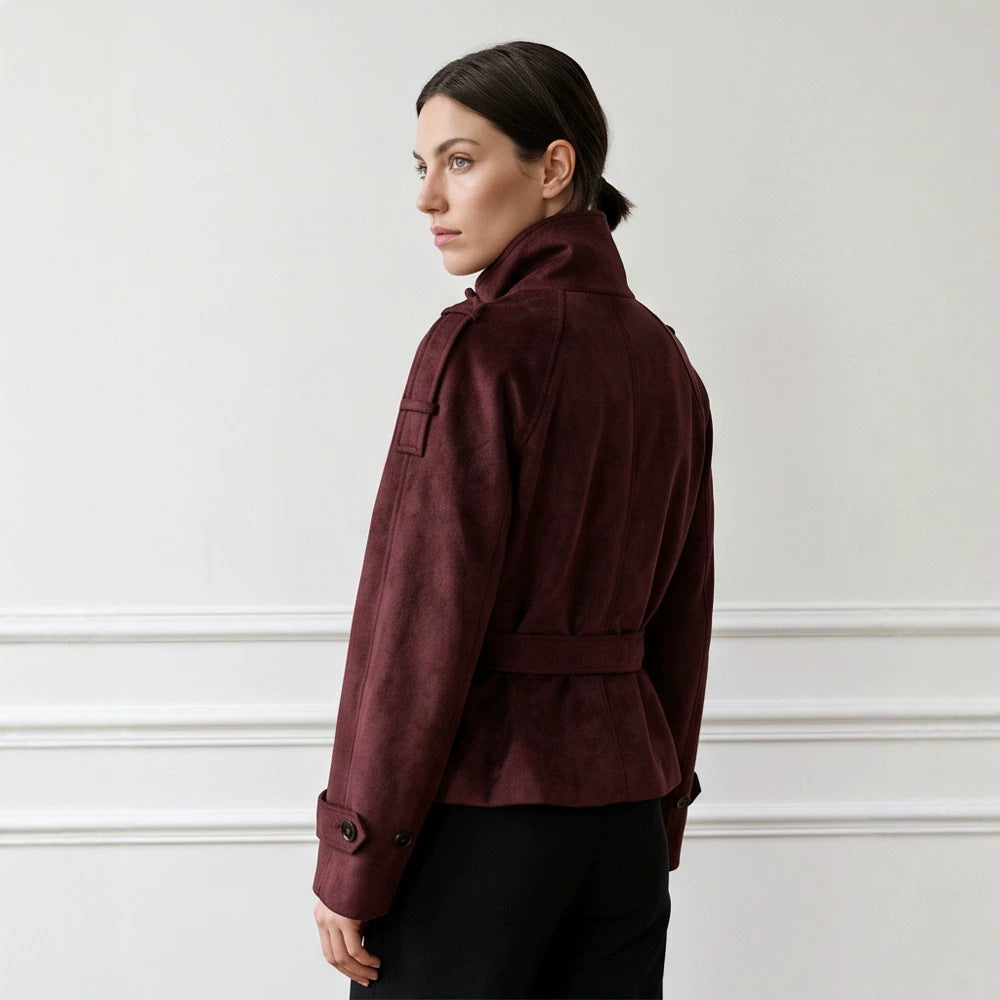 Women's Tailored Short Jacket in Suede Look with Double Breasted and Stand-Up Collar Amarae
