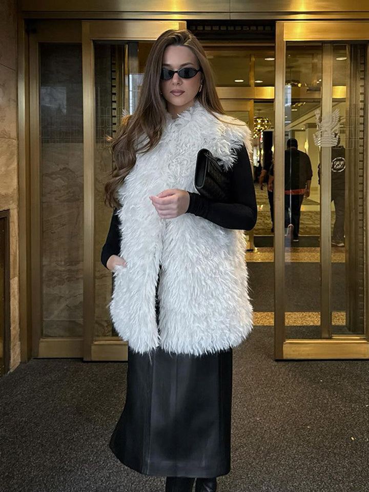 Women's Longer Cozy Faux Fur Vest with Shaggy Look and Front Pockets Amarae