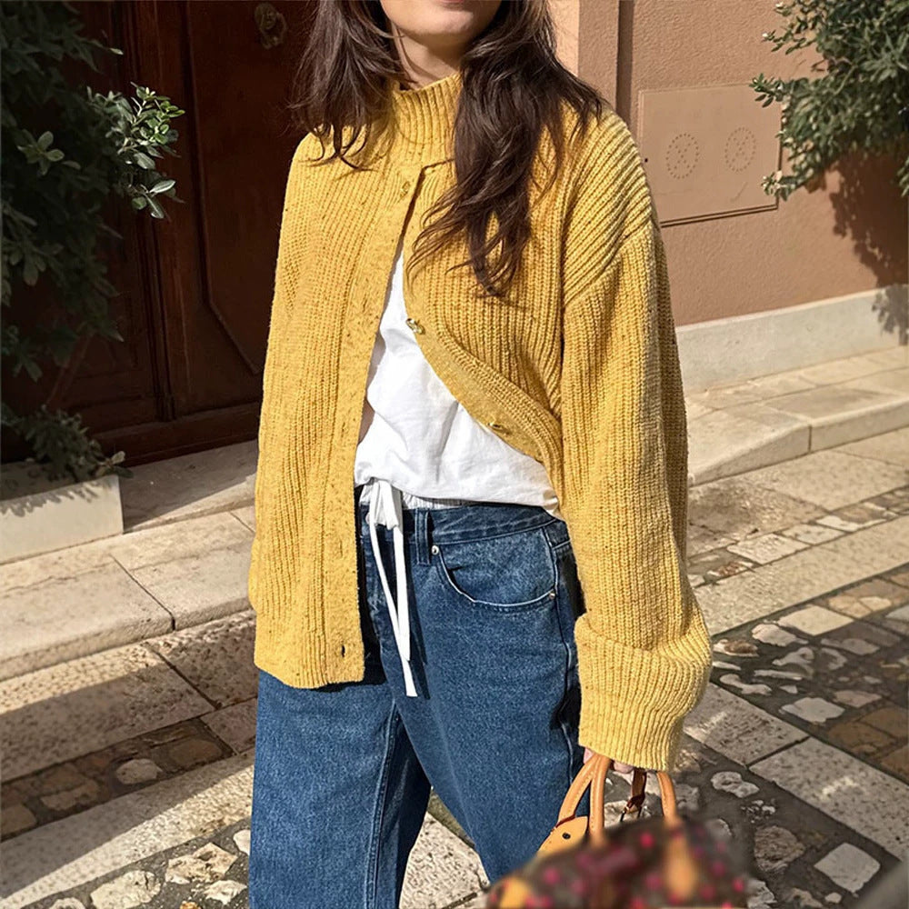 Women Oversize Cardigan with Rib Structure and Stand-Up Collar Amarae