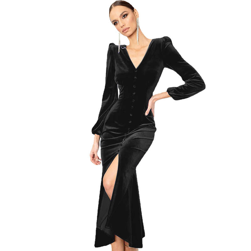 Maxi velvet dress for women with deep V-neckline and button details Lune London
