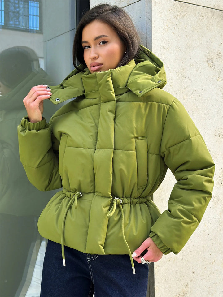 Women’s short padded hooded jacket with waist drawstring and high stand-up collar Amarae