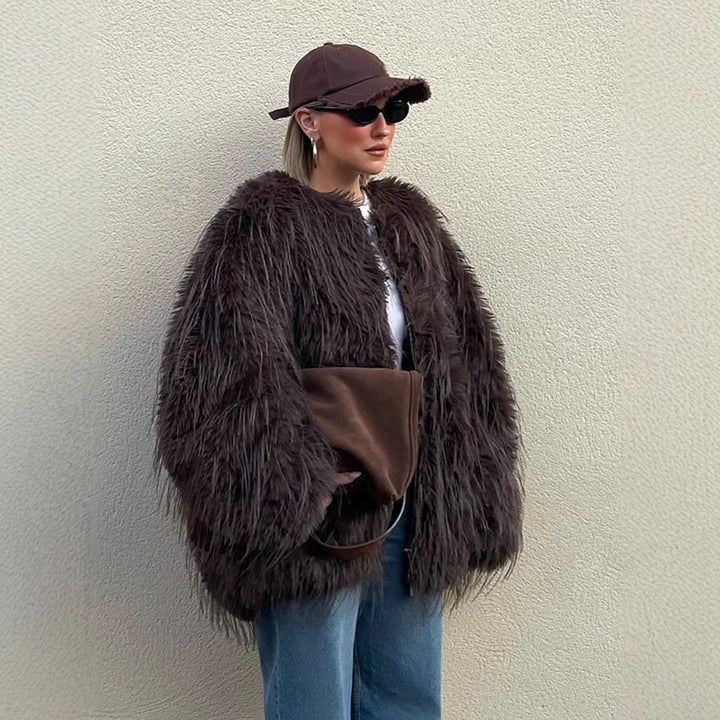 Women's Oversized Faux Fur Coat with Long Pile Shag Look and Boxy Silhouette Amarae
