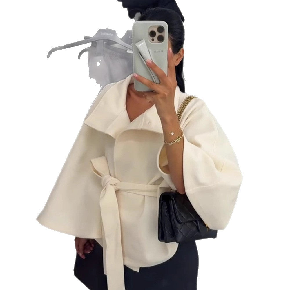 Women Elegant Wool Cape with Waist Belt, Standing Collar and Concealed Button Placket Amarae