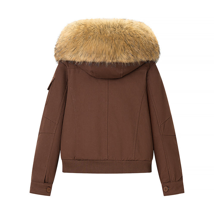 Women's Cozy Bomber Jacket with Faux Fur Hood and Teddy Lining Amarae