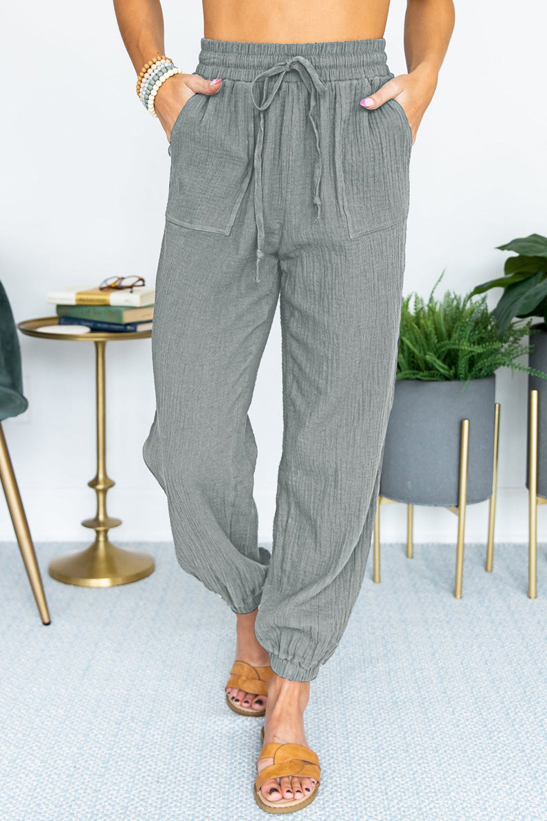 Women's Lightweight Linen Jogger Pants with Drawstring, Patch Pockets, and Elastic Cuffs Amarae