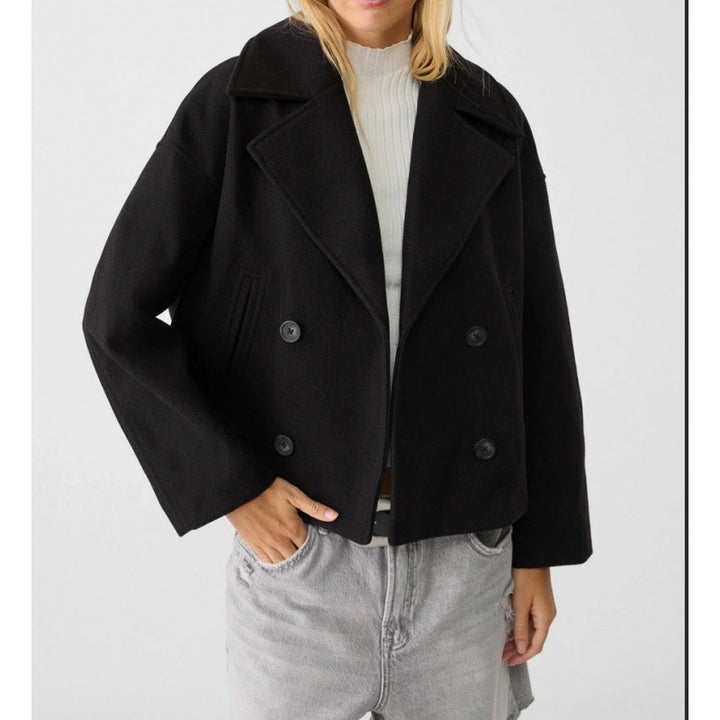 Women's Short Double-Breasted Wool Blend Peacoat with Oversized Lapels Amarae