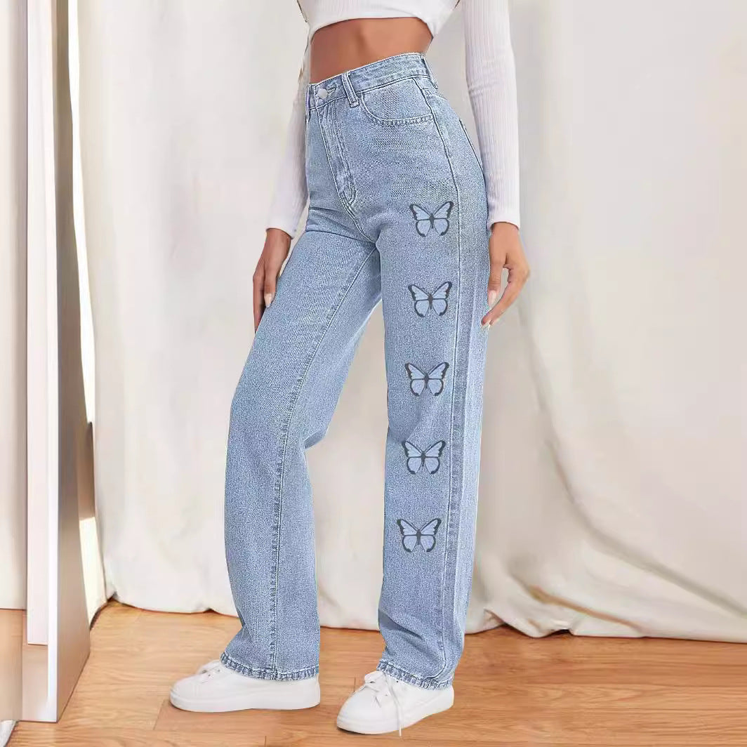 Women's high-waisted straight-cut jeans with side butterfly print Amarae