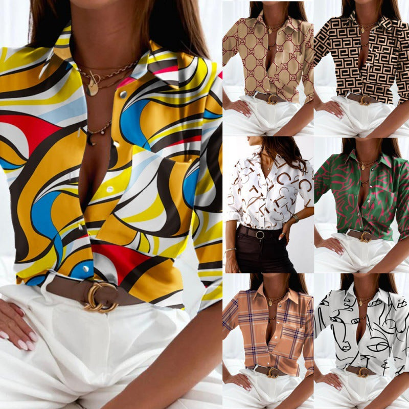 Women's satin blouse with graphic all-over print and tailored fit Amarae